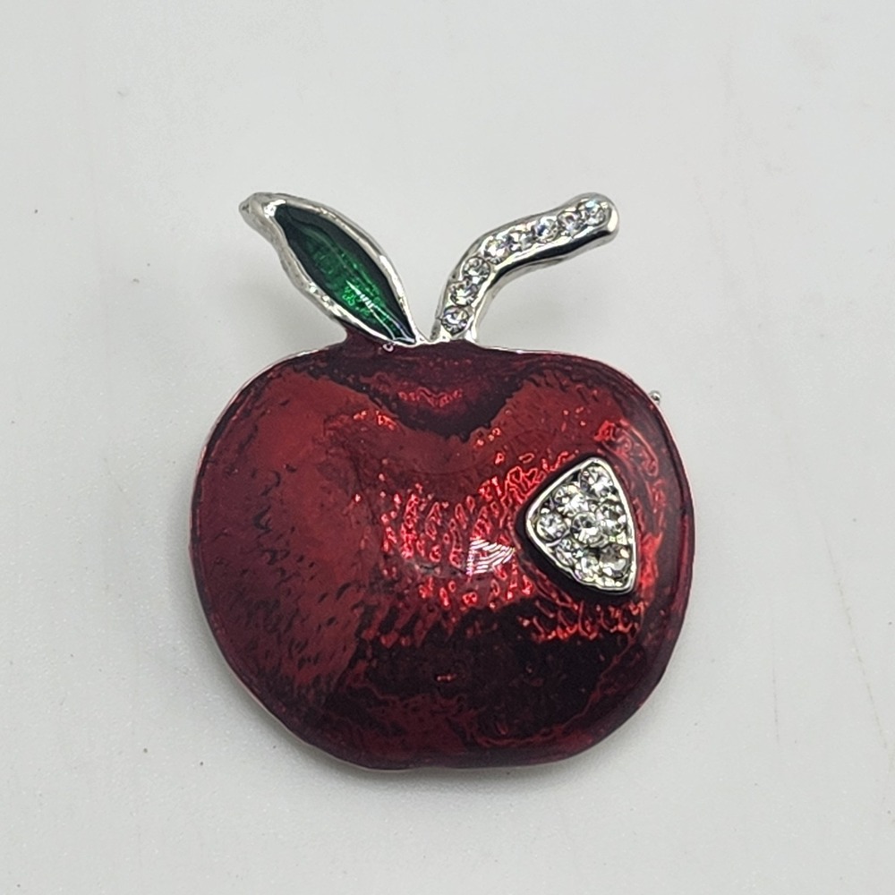 Vintage Red Enamel Apple Forbidden Fruit‎ Rhinestone Brooch Pin Teacher
